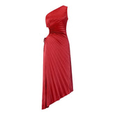 One Shoulder Sleeveless Long Smocked High Waist Flowy Pleated Bodycon Gown Maxi Dress